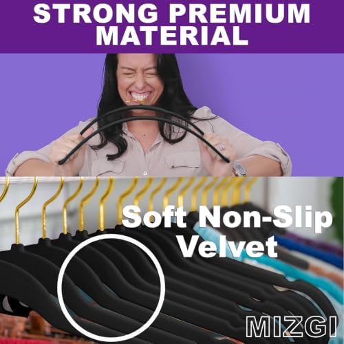 MIZGI Premium Velvet Hangers Pack 100 Pcs Heavyduty - Non Slip Slimline - Velvet Suit Hangers Black - Gold Hooks,Space Saving Clothes Hangers - Image 3