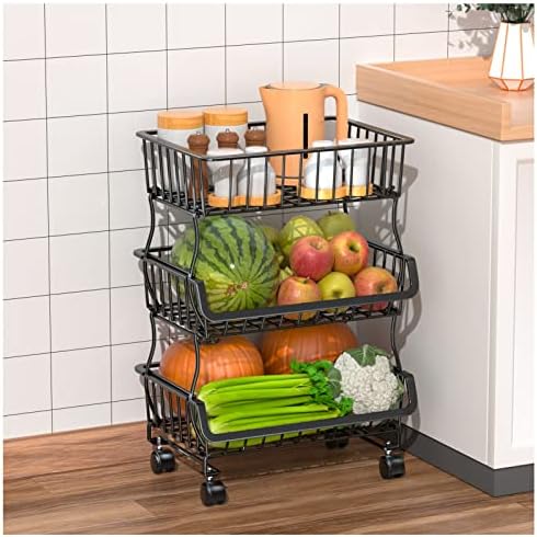 3-Tier Rolling Pantry Organizers and Storage Cart with Wheels – Stackable Wire Snack Cart for Kitchen, Pantry Shelves and Storage Rack for Fruit, Vegetables, Onion, Potato, 1 Pcs by Gsiekare