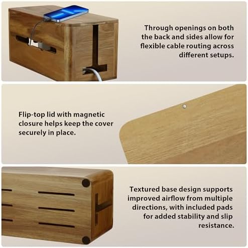 Large Acacia Wood Cable Management Box, Magnetic Lid, Cable Organizer - Image 3