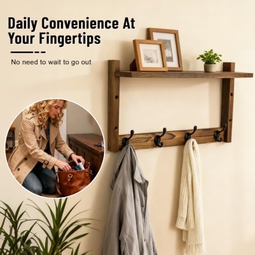 28" Coat Rack Wall Mount with Shelf with 7 Hooks 3 Key Hanger - Image 5
