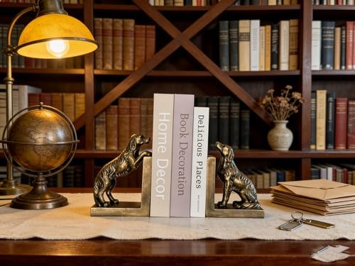 1 Pair Dog Bookends for Shelves, Retro Gold Resin Bookends for Heavy Books, Home Office Desk Decor, Golden Retriever Book Ends (Retro Gold Dog 02) - Image 7