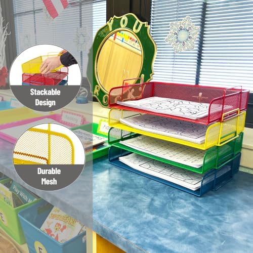 Mind Reader Stackable Paper Tray, Classroom Organizer, File Storage, Teachers, Metal Mesh, 4 Pcs., Multi-Colored - Image 4