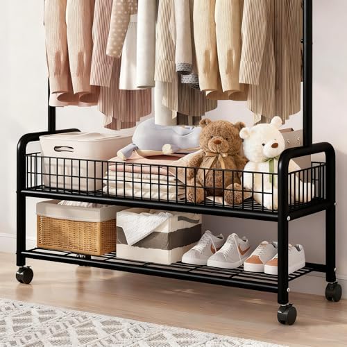 MYUPDALIN Rolling Metal Clothes Rack with Shelves & Storage Basket, Black - Image 7