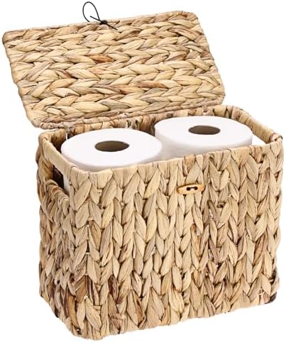 Sumnacon Toilet Paper Basket, Wicker Water Hyacinth Toilet Paper Holder with Handles and Lid, Holds Up to 4 Mega Rolls, Decorative Farmhouse Woven Bathroom Accessories Toilet Tissues Organizer, Small by Sumnacon
