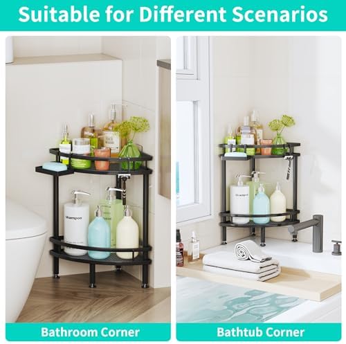 HapiRm Standing Corner Shower Caddy - 2 Tier Shower Organizer Corner with Soap Holder and 2 Hooks, Rustproof Bathroom Storage Shelves with Adhesives, Black - Image 5