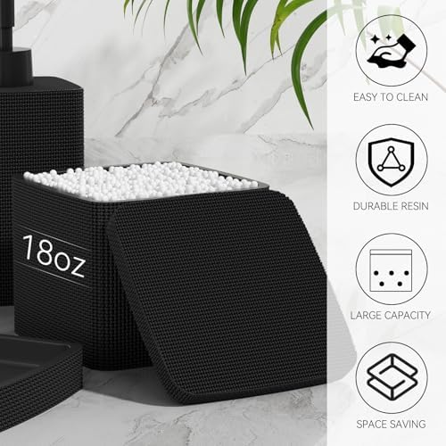 Matte Black Bathroom Accessories Set 5 Pieces, Resin Toothbrush Holders Set Complete with Soap Dispenser, Toothbrush Holder, Vanity Tray, Bathroom Tumbler and Qtip Holder for Small Spaces - Image 5