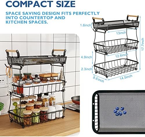 ANTOPY 3 Tier Fruit Basket with 2 Banana Hangers, Countertop Fruit Vegetable Basket Bowl for Kitchen Counter Metal Mesh Basket Fruits Stand Produce Holder Organizer for Onion Potato Bread Snack Veggie - Image 6