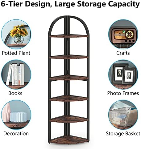 Tribesigns 6 Tier Corner Shelf, 71 inch Tall Corner Bookshelf for Small Space, Rustic Plant Stand Display Rack for Living Room, Home Office, Kitchen - Image 6