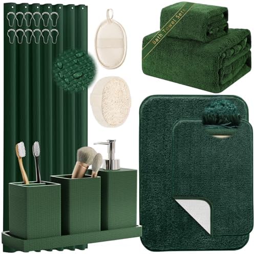 Green Bathroom Set, Dark Green Bathroom Accessories Set with Shower Curtain and Rugs, Bath Towel Sets, Natural Loofah Sponge, Soap Dispenser, Toothbrush Holder, Bathroom Tumbler and Tray for Bathroom by LetUsMakeHomeYourFavoriteDestination