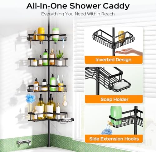 HAMITOR Shower Caddy Tension Pole: Corner Bathroom Organizer for Renters - Image 6