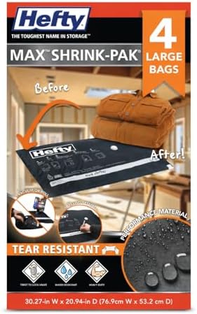 Hefty MAX Shrink-Pak Vacuum Seal Storage Bags for Clothing, Travel, Bedding | Tear & Water Resistant, Dual-Valve Space Saver Compression Bags - Large, 4-Pack by HeftyShrinkPak
