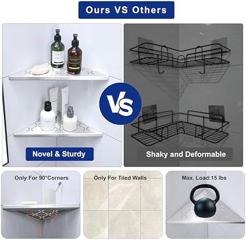 12" Corner Shower Shelf, 1-Pack Shower Shelves SUS304 Stainless Steel Bathroom Shelves for Tile Walls, Recessed Corner Shelf Organizer Rack, No Drilling (Brushed) - Image 5