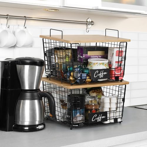 2 Set XXL Stackable Wire Basket with Bamboo Tops & Tag- Pantry Organizer and Storage Bins, Kitchen Counter Cabinet Shelf Countertop Under Sink Organizing, Food Snack Produce Onion Potato Bread Storage - Image 5