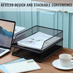 Hicarer 2 Pcs Black Metal Letter Tray Stackable Desk Tray Single Wire Mesh Organizer Front Load File Paper Holder for Desktop Office Home School Classroom (12.8 x 9.84 Inch) - Image 2