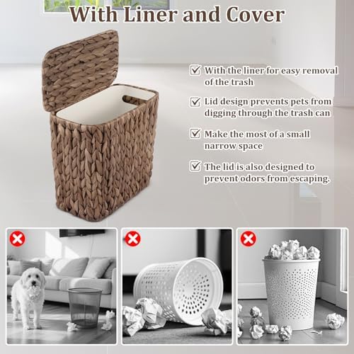 Wicker Trash Can with Lid and Liner, Handwoven Wicker Waste Basket, Water Hyacinth Bathroom Trash Can, Boho Rattan Garbage Wastebasket for Bedroom Home Living Room Office, 2.5 Gallon, Espresso - Image 3
