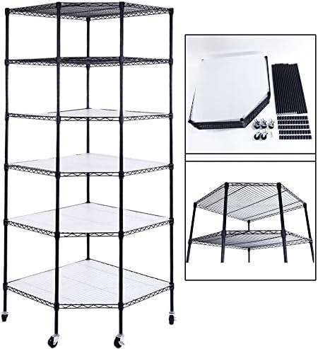 Bonnlo 6-Tier Rolling Heavy Duty Commercial Polygonal Corner Shelf Wire Shelving Unit Adjustable Storage Rack Free Standing Garage with 5 Wheels 26 4/5" L x 26 4/5" W x 71" H Inches (Black) by Bonnlo