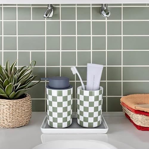 Bathroom Toothbrush Holder Set, Ceramic Soap Dispenser and Tooth Brush Holder Set, Modern Bathroom Accessories Sets Countertop, Checkered Bathroom Decor, Sage Green Bathrooms Decorative - Image 5