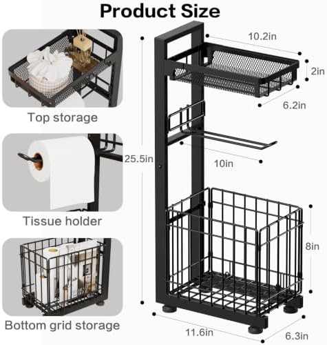 Toilet Paper Holder Stand with Storage Shelf (Black) - Image 5