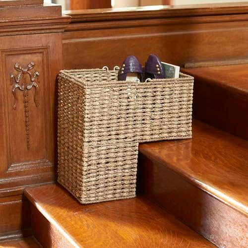 Household Essentials Handwoven Seagrass and Corn Husk Wicker Stair Basket with Iron Frame and Handles, Natural - Image 7