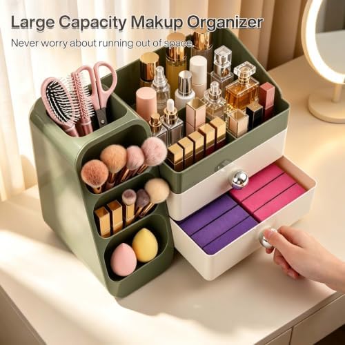 Large Capacity Makeup Organizer Countertop with Makeup Brush Holder for Vanity, Thickened Material(Green) - Image 3