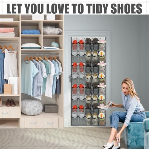 Windyun 2 Pcs 40 Pocket Over the Door Shoe Organizer, Gray - Image 4