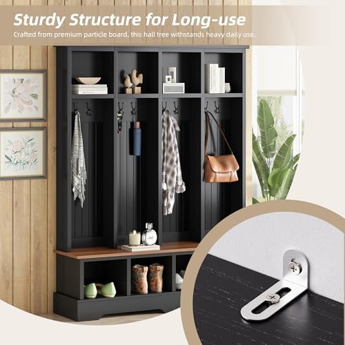 Merax Farmhouse Hall Tree with Bench and Shoe Storage, 59" Entryway Bench with Coat Rack, 3-in-1 Hall Tree with Top Compartments and 8 Hooks for Hallway, Living Room, Black - Image 6