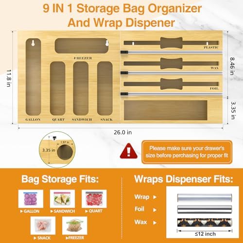 Storage Bag Organizer for Kitchen Drawer, 9 in 1 Foil and Plastic Wrap Dispenser with Cutter, Bamboo Plastic Baggie Organizer for Gallon, Quart, Sandwich, Snack & 12"" Rolls, Orange - Image 2