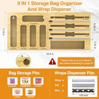 Storage Bag Organizer for Kitchen Drawer, 9 in 1 Foil and Plastic Wrap Dispenser with Cutter, Bamboo Plastic Baggie Organizer for Gallon, Quart, Sandwich, Snack & 12"" Rolls, Orange - Image 2