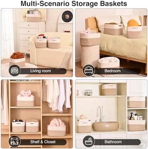 ICERZCZ Storage Baskets for Shelves, Woven Storage Basket, Bins for Cube Storage, Cotton Rope Basket with Handles for Toy, Book, and Clothes Living Room, (4 Packs) Off White & Brown - Image 5