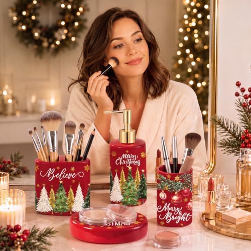 4 Pcs Christmas Ceramic Bathroom Accessories Gifts Xmas Tree Bath Tumbler Soap Dispenser Toothbrush Holder Soap Tray Merry Xmas Bathroom Decorations(Red Merry Christmas) - Image 5