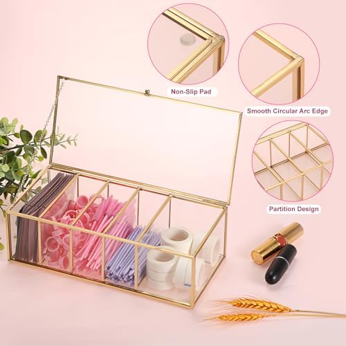 ELLDOO Lash Extension Organizer Box with Lid, Gold Glass Eyelash Supplies Organizer Storage Box, 5 Compartments Bathroom Supplies Storage Container for Cotton Swabs, Balls, Pads, Floss Picks - Image 6