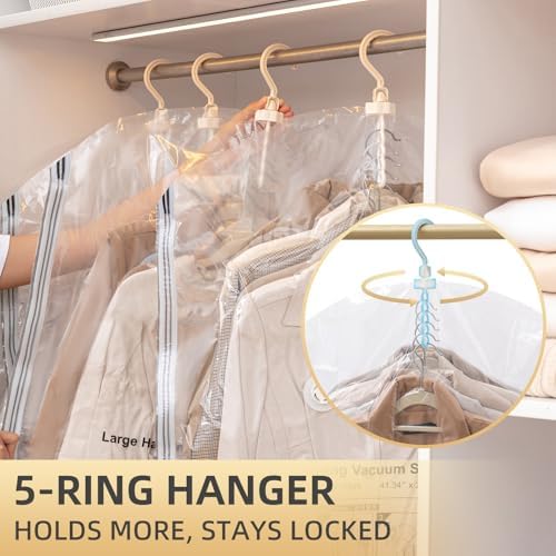 Hanging Vacuum Storage Bags, 6 Large Vacuum Pack Bags for Clothes Reusable Space Saver Bags Vacuum Compression Storage Bags for Winter Coats Wardrobe Coats, Suits & Dresses Garment 5-Ring Hangers - Image 5