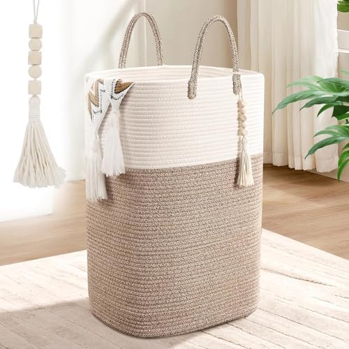 Woven Laundry Basket for Clothes, 80L Large Rectangle Laundry Hampers with Beads Tassel, Nursery Storage Basket for Toys, Tall Dirty Clothes Hamper for Bedroom Aesthetic, Laundry Room Organization by WENMER
