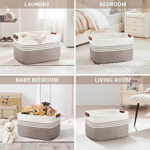 100L Woven Laundry Basket Hamper with Leather Handles,Dark Brown - Image 4