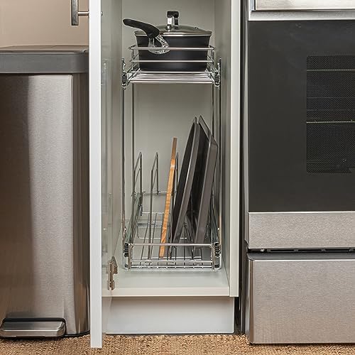 Household Essentials Glidez Multipurpose Chrome-Plated Steel Pull-Out/Slide-Out Dual-Sliding Storage Organizer for Cookware and Bakeware - 2-Tier Design - Fits Standard Size Cabinet or Shelf, Chrome - Image 4