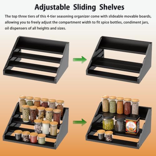 Solid Wood Spice Rack Organizer for Countertop & Cabinet, 4 Tier Adjustable Wooden Spice Shelf with Sliding Track, Premium Step Seasoning Bottle Holder for Kitchen, Cupboard, Pantry & Office, Black - Image 5
