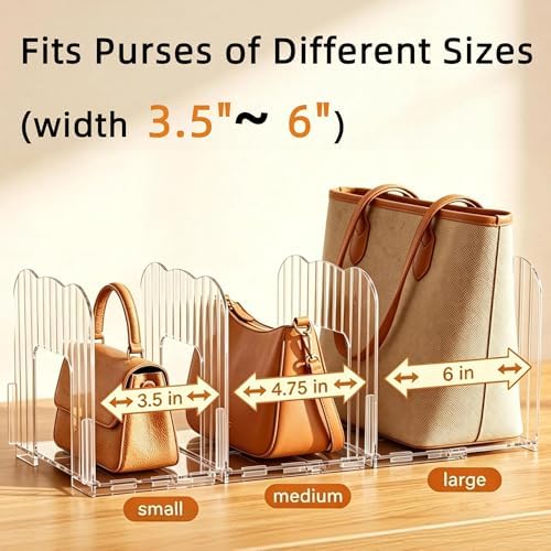2 Pack Purse Organizer for Closet Clear Acrylic Shelf Dividers for Large Medium Bag Pocket Book Clutch, Expandable Handbag Organizer for Display & Storage, 8-Slot Purse Holder Max Length 24'' - Image 2