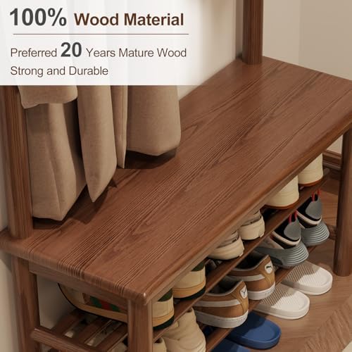 AQIMUELE Coat Rack with Shoe Storage, Wooden Hall Tree with Bench, 11 Hooks and 2-Tier Storage Shelves, 3-in-1, Entryway Bench with Coat Rack (31.5"-Walnut) - Image 4