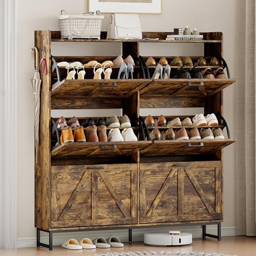 Wodeer Shoe Cabinet Storage for Entryway, Shoe Storage Cabinet with 6 Flip Drawers, Freestanding Narrow Shoe Rack Organizer with Metal Legs, Adjustable Shelves & Open Storage for Foyer, Hallway, Brown by WODEER