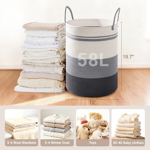 58L Tall Cotton Rope Laundry Basket with Handles, Grey Striped - Image 2