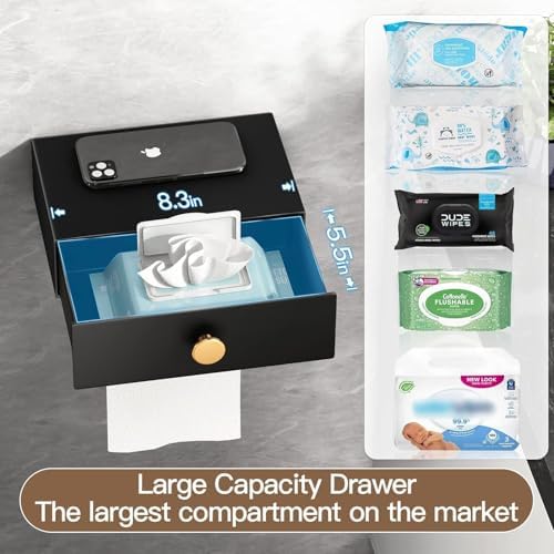 VOLDRA Toilet Paper Holder with Shelf Black Wipes Dispenser for Bathroom Stainless Steel Toilet Paper Holder with Storage Drawer Adhesive Wall Mount Small Bathroom Shelf - Image 4