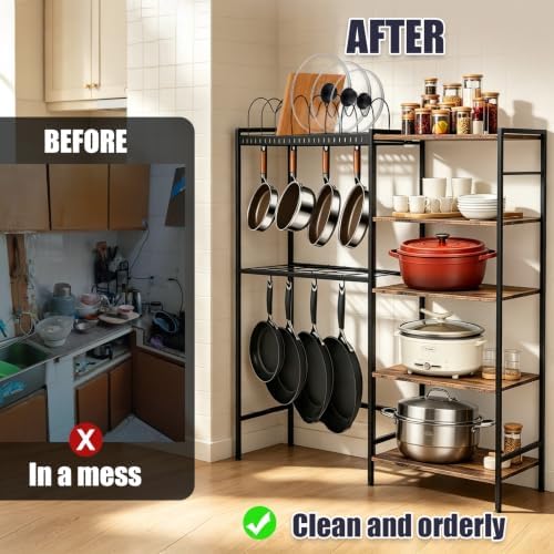 Pot and Pan Organizer Rack with Lids Holder, 5-Tier Kitchen Cookware Storage Shelf, Adjustable Freestanding Pot Rack for Kitchen, Pantry & Dining Room - Image 2