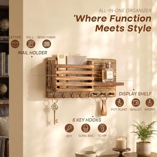 Rebee Vision Key Holder Wall Mount with Mail Slot for Entryway, Retro Brown - Image 5