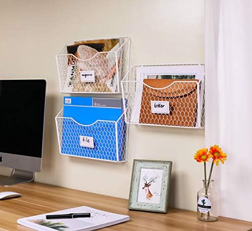 PAG-Mass 3 Pockets Hanging File Holder Wall Mount Mail Organizer Metal Chicken Wire Magazine Rack with Tag Slot, White - Image 5