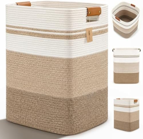 Laundry Hamper, Cotton Rope Laundry Basket with Leather Handles, 21.1-Gallon/80 L Large Clothes Hampers for Laundry, Woven Laundry Baskets for Blankets, Clothing, Bedroom, Living Room, Nursery by ARATECHOME