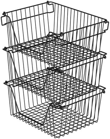 Stackable Wire Metal Baskets Sturdy Cabinet Organizer Wire Pantry Freezer Bin with Handle for Kitchen Fruit Vegetable Organization, Black, 3Packs - Image 6