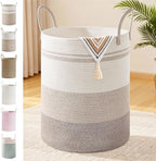 100L Extra Large Tall Cotton Rope Laundry Basket with Handle, Brown Striped by SunNewt