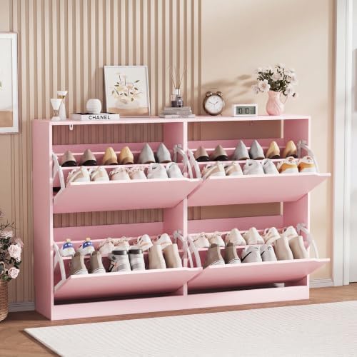 Pink Hidden Shoe Storage Cabinet for Entryway with 4 Flip Drawers - Image 7