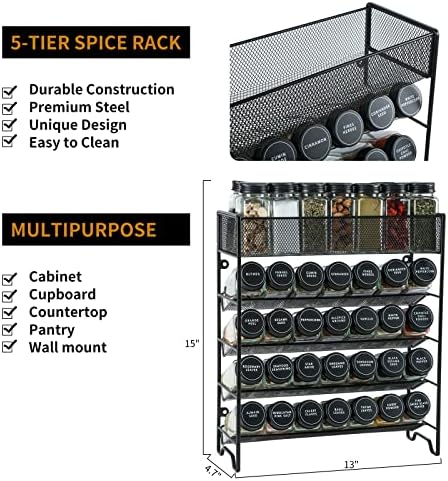 Skiileor Spice Rack Organizer with 28 Spice Jars, Black Lids, Spice Labels - Image 2