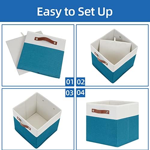 Temary Storage Cube Bins 11 Cube Storage Bins Storage Baskets for Closet, Shelves 4 Pack Fabric Organizer Bins with Leather Handles(White&Teal) - Image 5